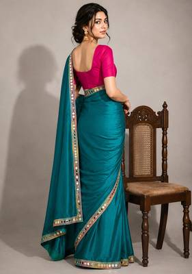 Rama green satin embellished ready to wear saree 3