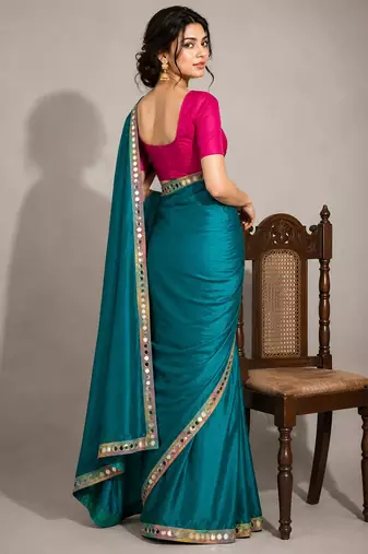 Rama green satin embellished ready to wear saree