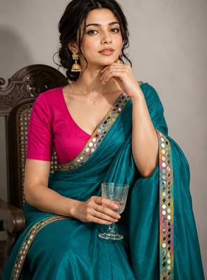 Rama green satin embellished ready to wear saree 4
