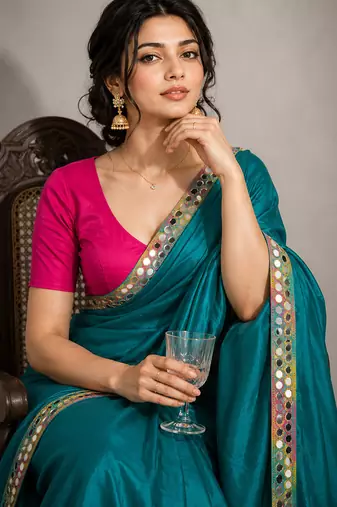 Rama green satin embellished ready to wear saree