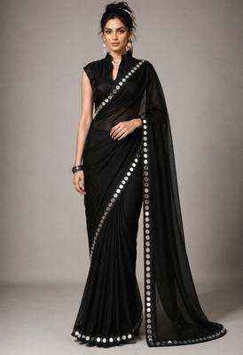 Black solid pure georgette embellished ready to wear saree 1