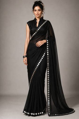 Black solid pure georgette embellished ready to wear saree