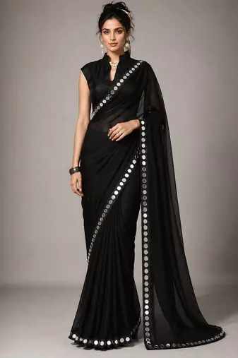 Black solid pure georgette embellished ready to wear saree