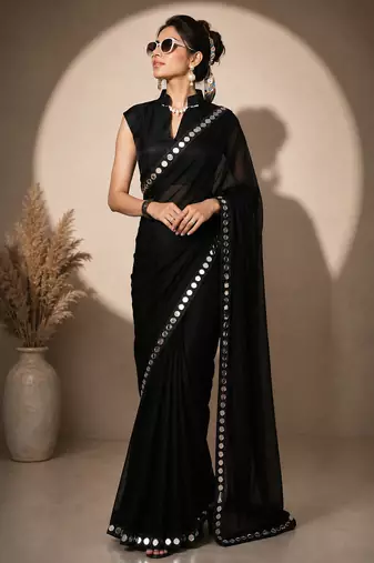 Black solid pure georgette embellished ready to wear saree