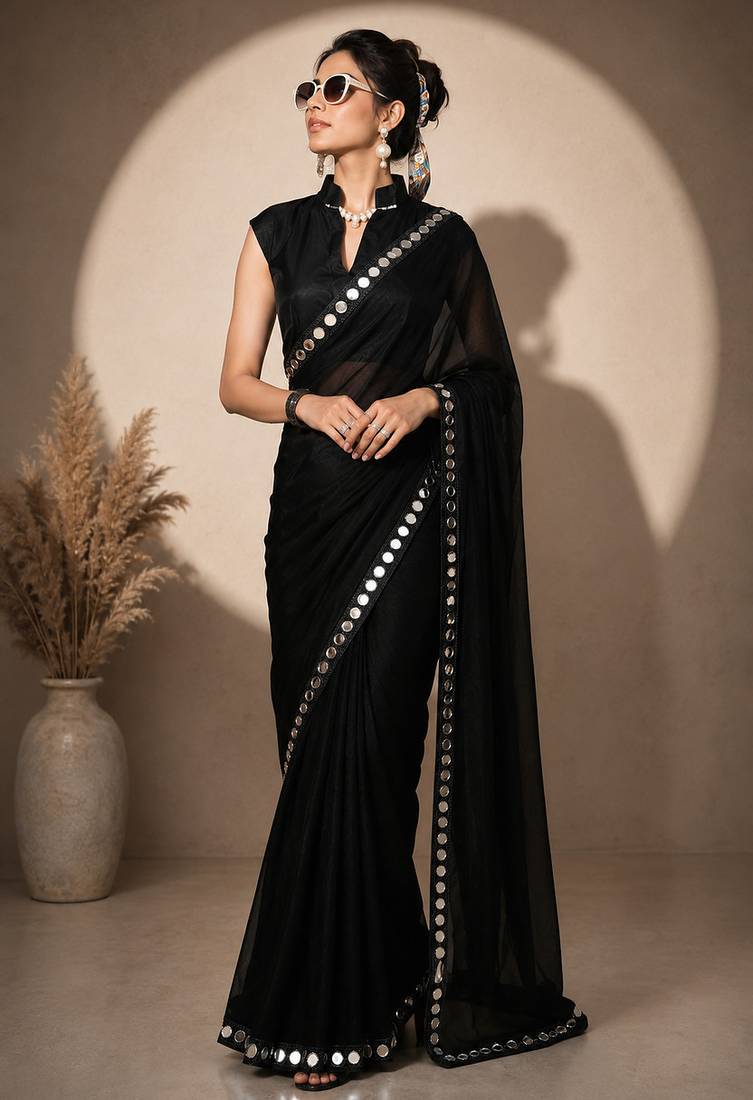 Black solid pure georgette embellished ready to wear saree