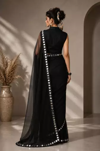 Black solid pure georgette embellished ready to wear saree