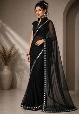 Black solid pure georgette embellished ready to wear saree 4