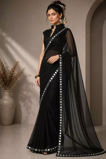 Black solid pure georgette embellished ready to wear saree