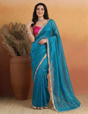 Blue satin embellished ready to wear saree 1