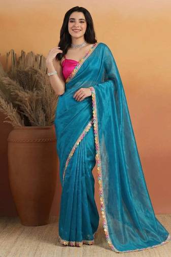 Blue satin embellished ready to wear saree