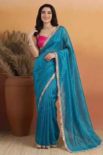 Blue satin embellished ready to wear saree
