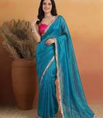 Blue satin embellished ready to wear saree