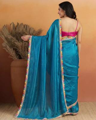 Blue satin embellished ready to wear saree 2