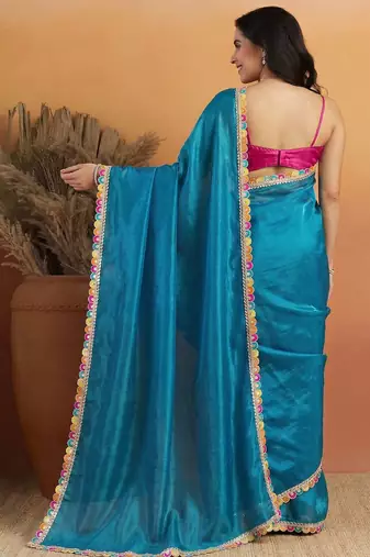 Blue satin embellished ready to wear saree