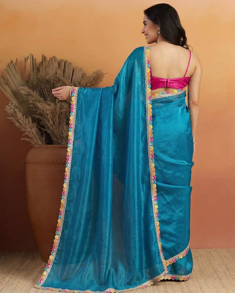 Blue satin embellished ready to wear saree