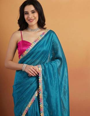 Blue satin embellished ready to wear saree 3