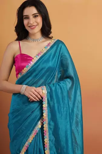 Blue satin embellished ready to wear saree