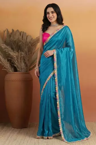 Blue satin embellished ready to wear saree