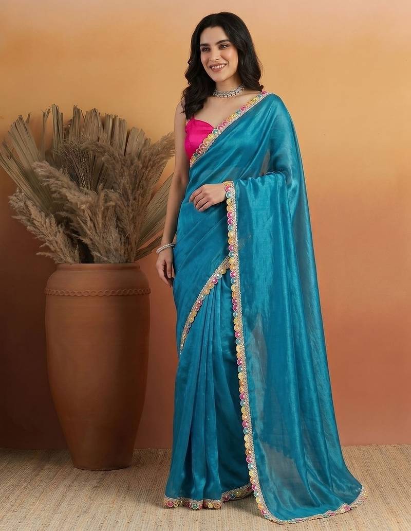 Blue satin embellished ready to wear saree