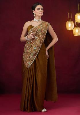 Pre pleated embroidered geometric print art silk ready to wear saree 1