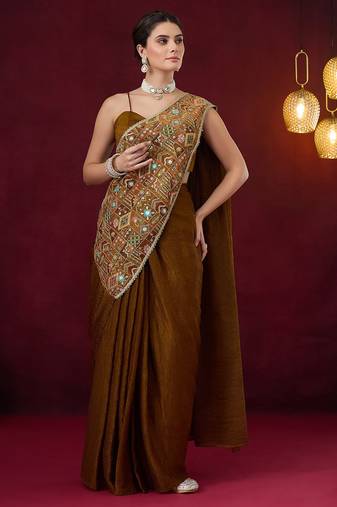 Pre pleated embroidered geometric print art silk ready to wear saree