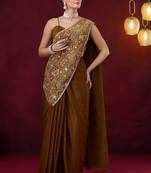 Pre pleated embroidered geometric print art silk ready to wear saree