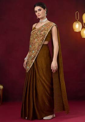Pre pleated embroidered geometric print art silk ready to wear saree 2