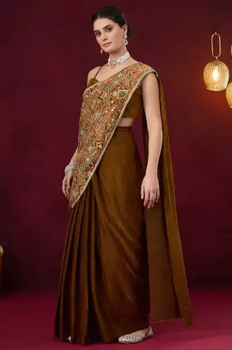 Pre pleated embroidered geometric print art silk ready to wear saree