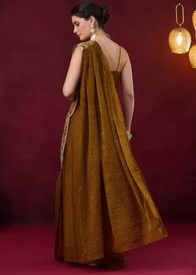 Pre pleated embroidered geometric print art silk ready to wear saree 3