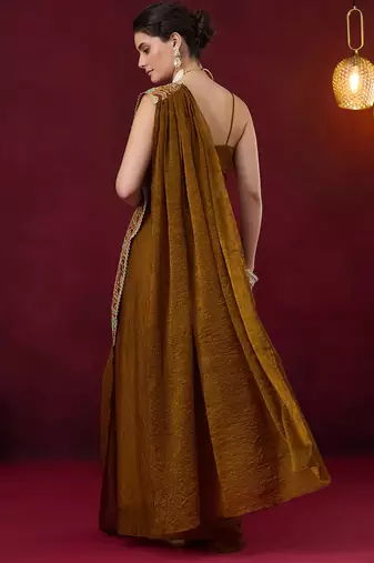 Pre pleated embroidered geometric print art silk ready to wear saree