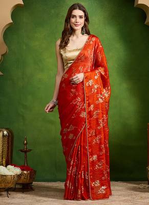 Rust satin floral print zari ready to wear saree 1