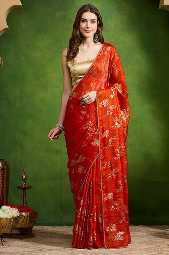 Rust satin floral print zari ready to wear saree