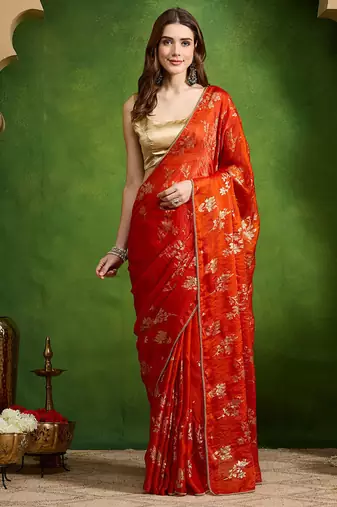 Rust satin floral print zari ready to wear saree