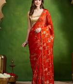 Rust satin floral print zari ready to wear saree