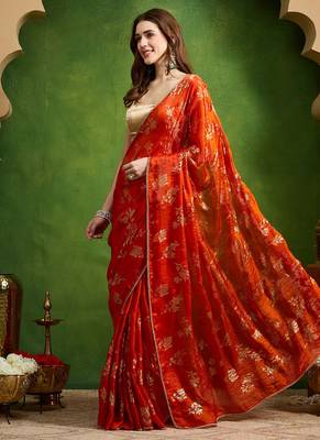 Rust satin floral print zari ready to wear saree 2