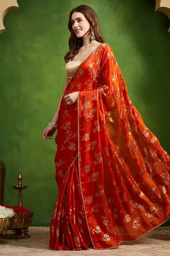 Rust satin floral print zari ready to wear saree