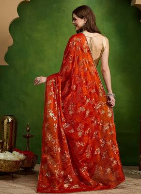 Rust satin floral print zari ready to wear saree 3