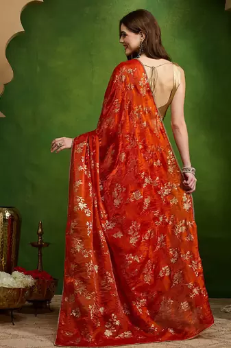 Rust satin floral print zari ready to wear saree
