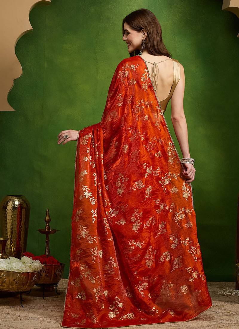Rust satin floral print zari ready to wear saree