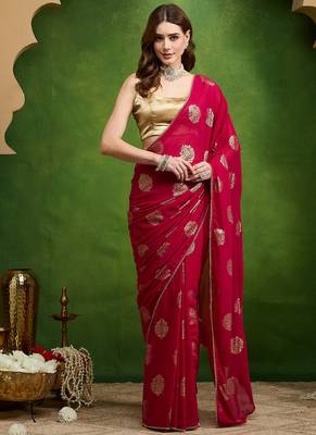 Pink satin floral print zari ready to wear saree 1