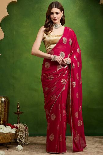 Pink satin floral print zari ready to wear saree