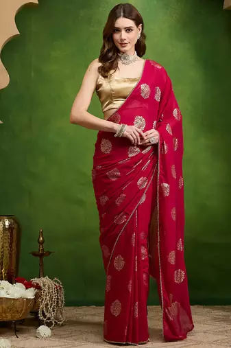 Pink satin floral print zari ready to wear saree