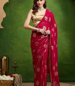 Pink satin floral print zari ready to wear saree