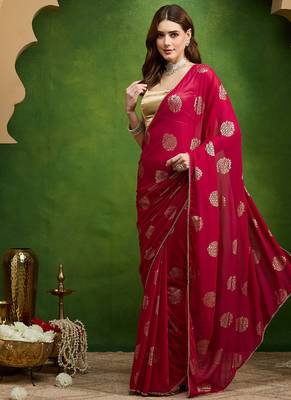 Pink satin floral print zari ready to wear saree 2