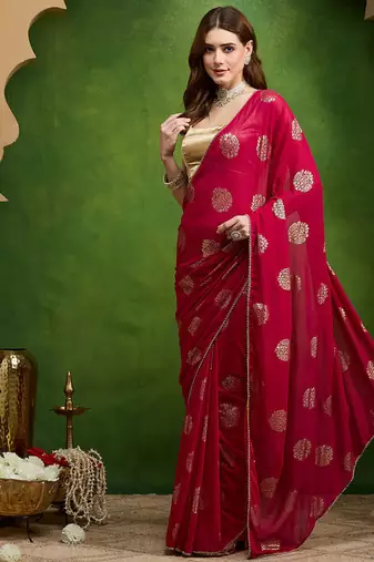 Pink satin floral print zari ready to wear saree