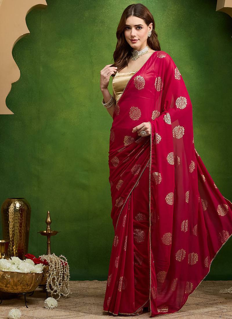 Pink satin floral print zari ready to wear saree