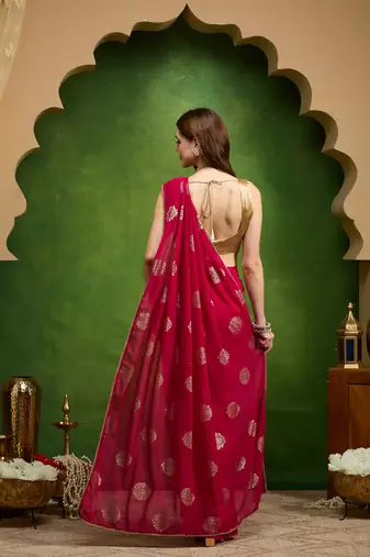 Pink satin floral print zari ready to wear saree