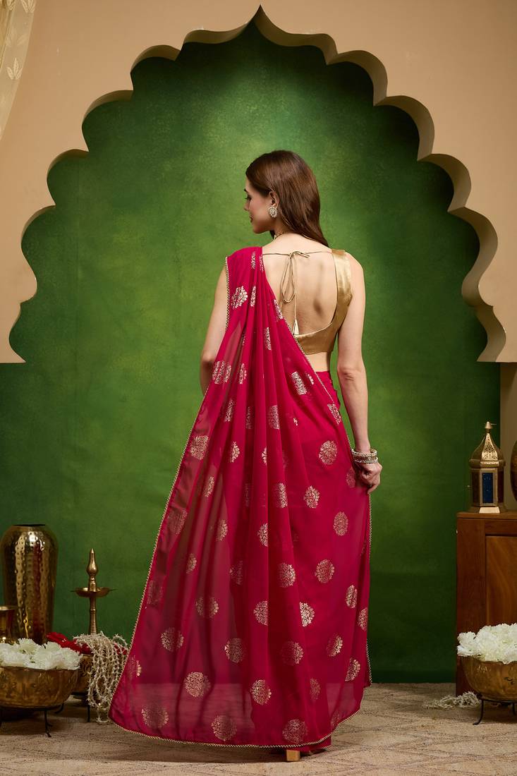 Pink satin floral print zari ready to wear saree