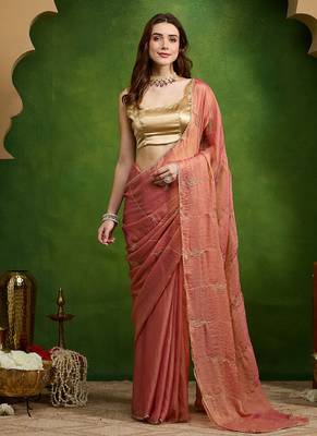 Leaf motif embroidery silk blend ready to wear saree with aari work 1