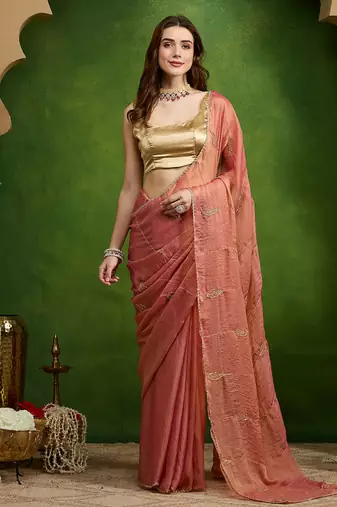 Leaf motif embroidery silk blend ready to wear saree with aari work
